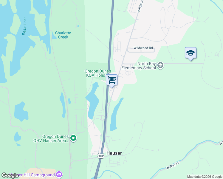 map of restaurants, bars, coffee shops, grocery stores, and more near 68964 Wildwood Road in North Bend