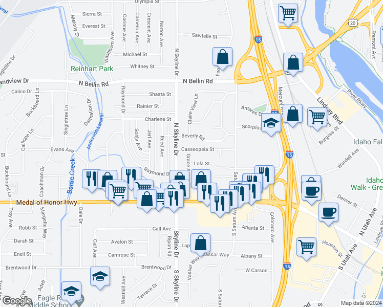 map of restaurants, bars, coffee shops, grocery stores, and more near 776 Grace Avenue in Idaho Falls
