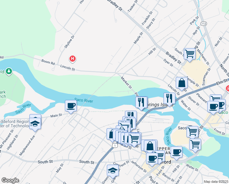 map of restaurants, bars, coffee shops, grocery stores, and more near 49 Irving Street in Saco