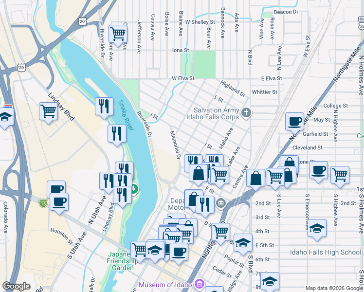 map of restaurants, bars, coffee shops, grocery stores, and more near 1175 Sage Avenue in Idaho Falls