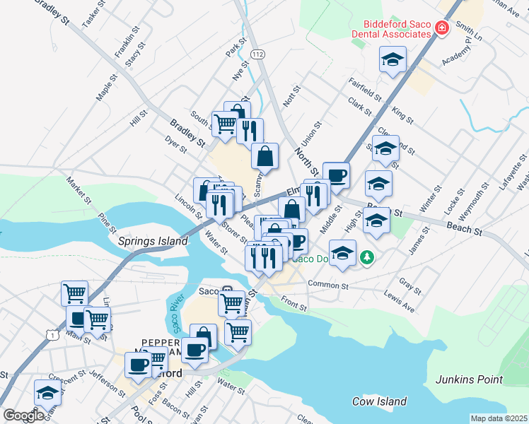 map of restaurants, bars, coffee shops, grocery stores, and more near 5 Scamman Street in Saco