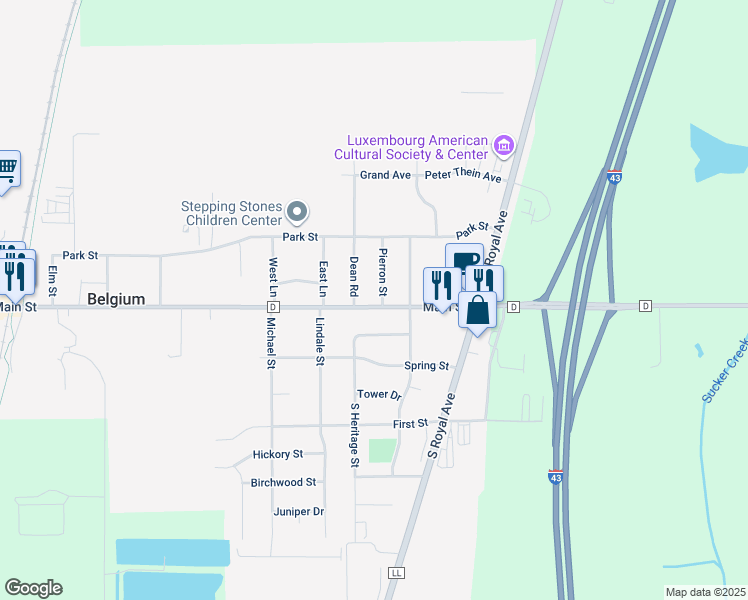 map of restaurants, bars, coffee shops, grocery stores, and more near 104 Dean Road in Belgium