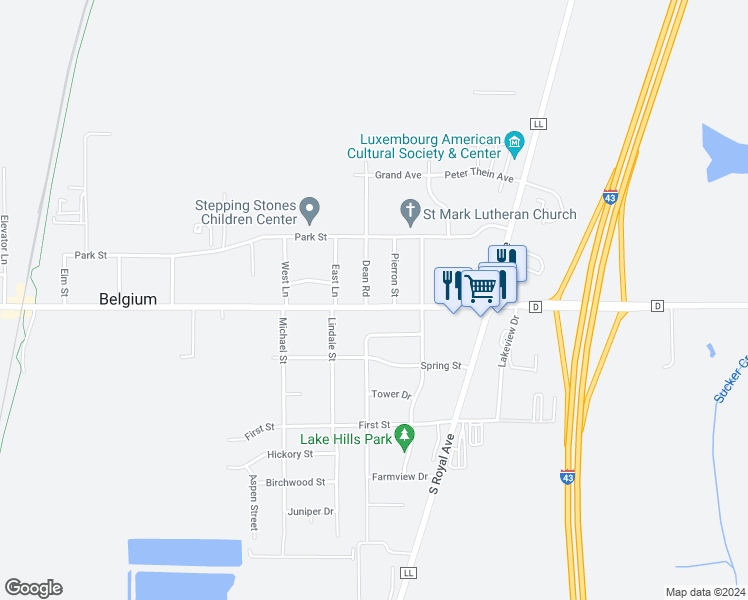 map of restaurants, bars, coffee shops, grocery stores, and more near 104 Dean Road in Belgium