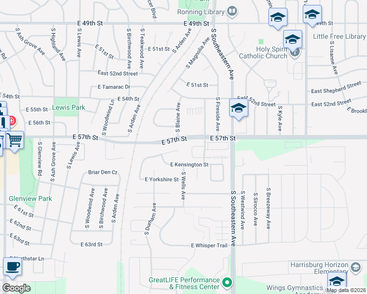 map of restaurants, bars, coffee shops, grocery stores, and more near 47579 East 57th Street in Sioux Falls