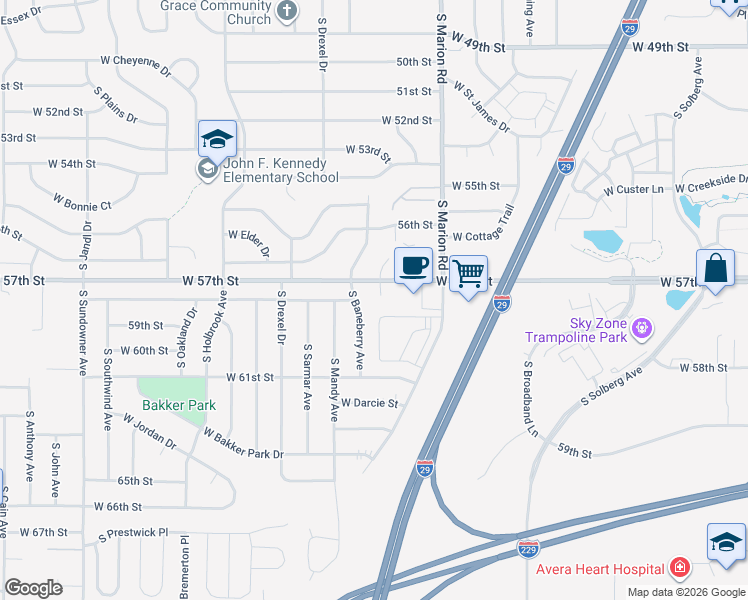 map of restaurants, bars, coffee shops, grocery stores, and more near 5409 West 57th Street in Sioux Falls