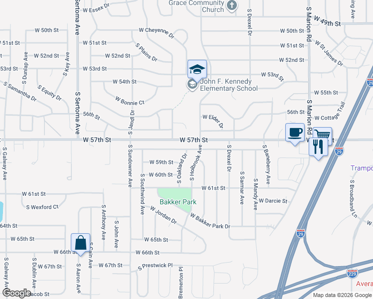 map of restaurants, bars, coffee shops, grocery stores, and more near 6112 W 58th St in Sioux Falls