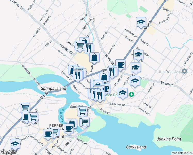 map of restaurants, bars, coffee shops, grocery stores, and more near 29 Cutts Avenue in Saco