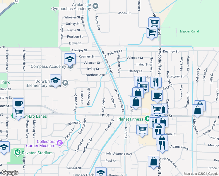 map of restaurants, bars, coffee shops, grocery stores, and more near 410 Utley Circle in Idaho Falls