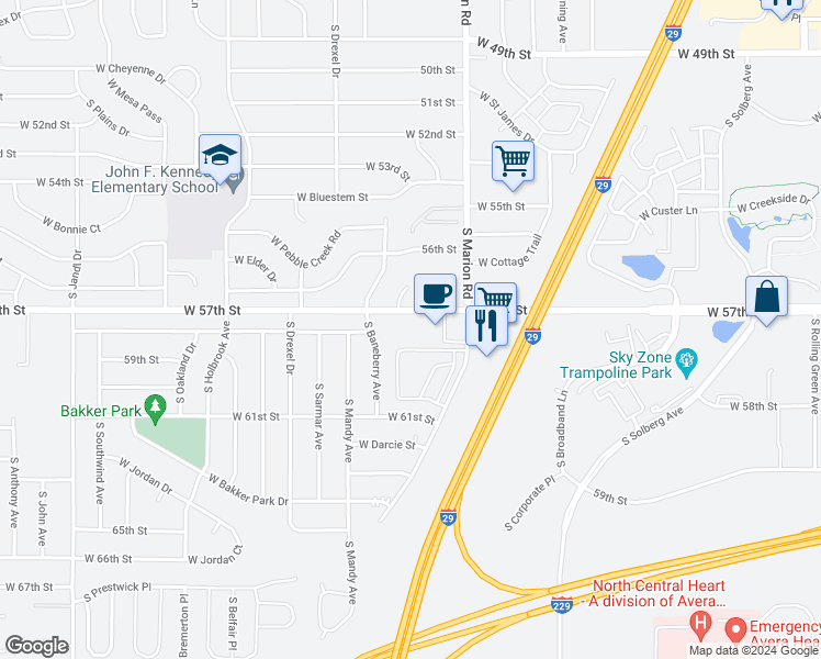 map of restaurants, bars, coffee shops, grocery stores, and more near 5405 West 57th Street in Sioux Falls