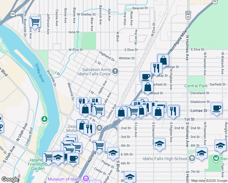 map of restaurants, bars, coffee shops, grocery stores, and more near 1370 Lake Avenue in Idaho Falls
