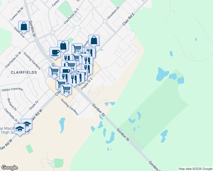 map of restaurants, bars, coffee shops, grocery stores, and more near 1858 Gordon Street in Guelph