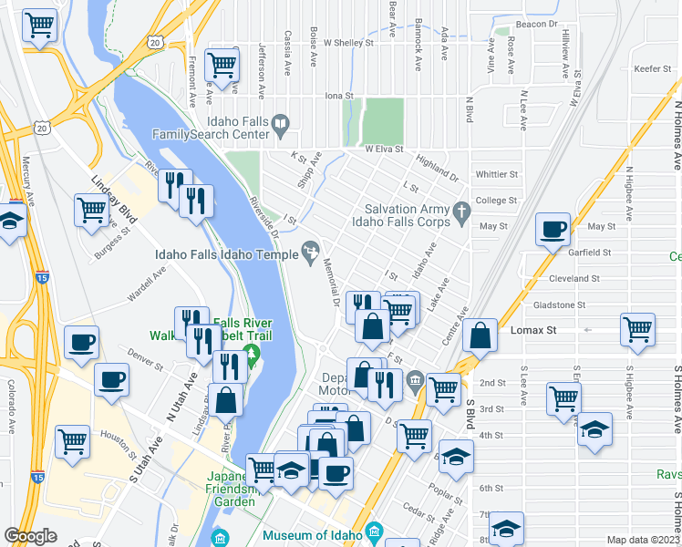map of restaurants, bars, coffee shops, grocery stores, and more near 610 H Street in Idaho Falls