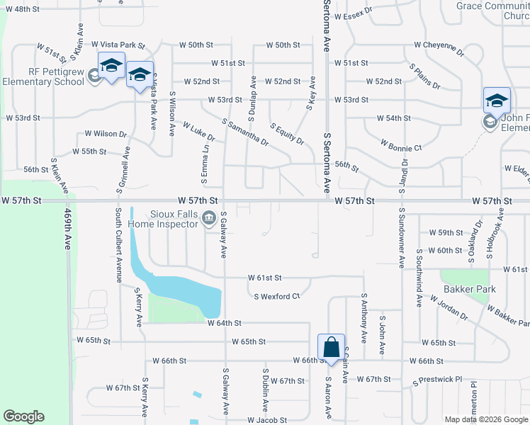 map of restaurants, bars, coffee shops, grocery stores, and more near 46965 West 57th Street in Sioux Falls