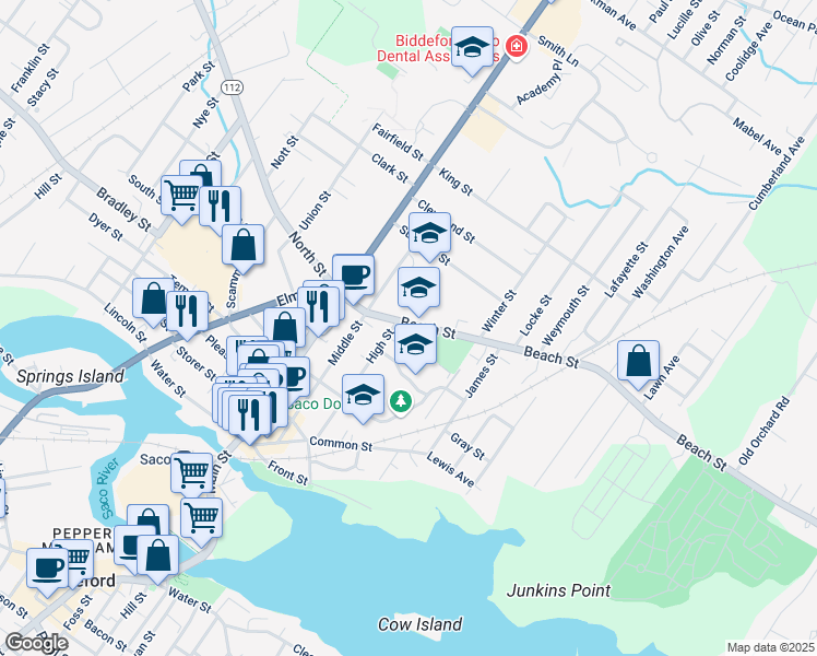 map of restaurants, bars, coffee shops, grocery stores, and more near 60 Beach Street in Saco
