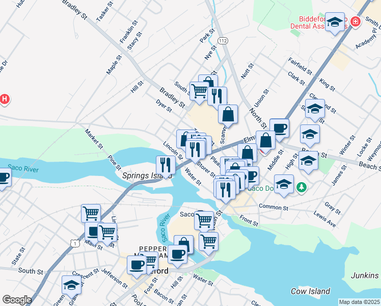 map of restaurants, bars, coffee shops, grocery stores, and more near 22-24 Green Street in Saco