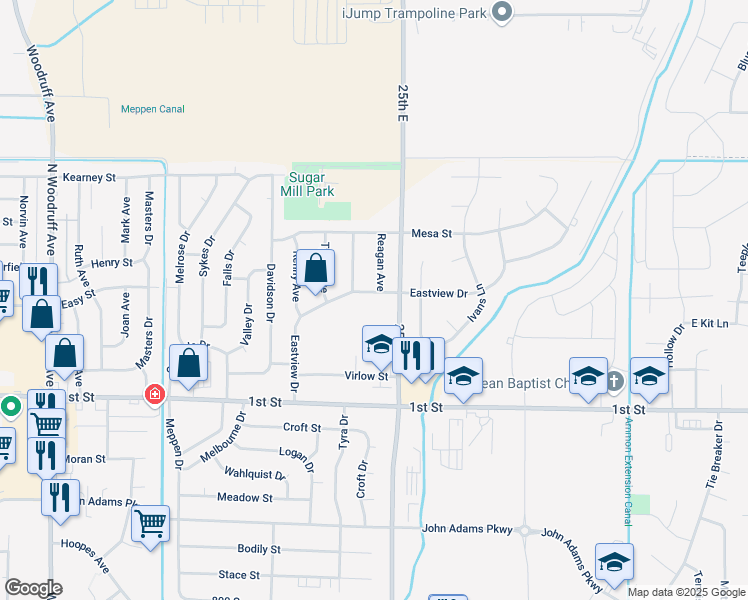 map of restaurants, bars, coffee shops, grocery stores, and more near 2420 Eastview Drive in Idaho Falls