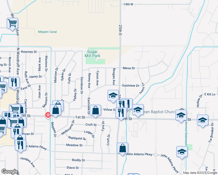 map of restaurants, bars, coffee shops, grocery stores, and more near 2420 Eastview Drive in Idaho Falls
