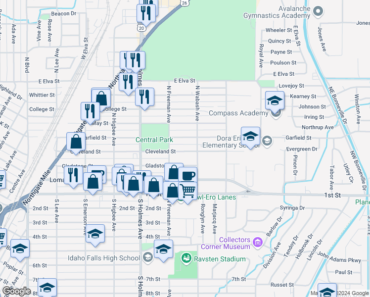 map of restaurants, bars, coffee shops, grocery stores, and more near 653 Cleveland Street in Idaho Falls