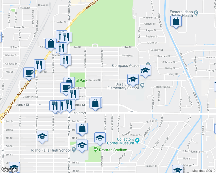 map of restaurants, bars, coffee shops, grocery stores, and more near 709 Cleveland Street in Idaho Falls