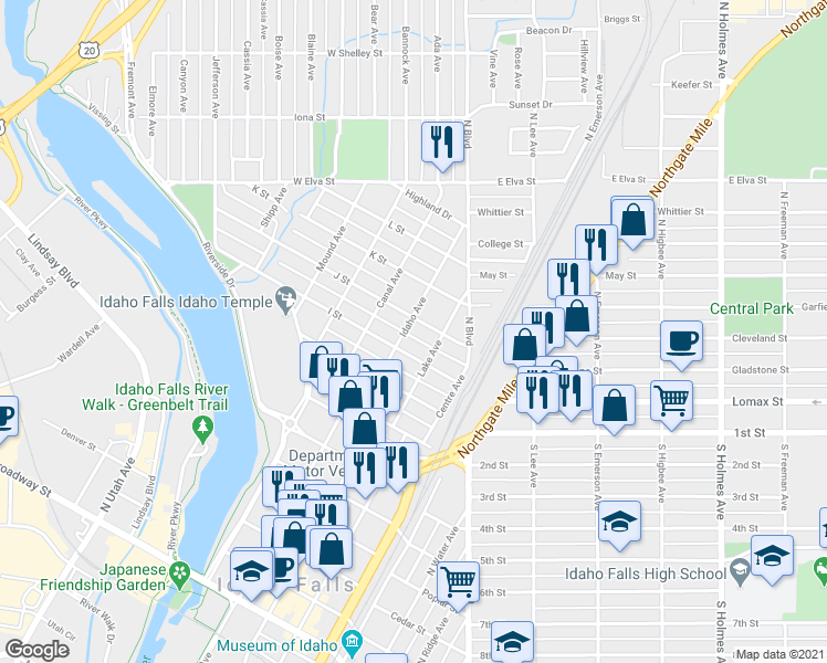 map of restaurants, bars, coffee shops, grocery stores, and more near 435 J Street in Idaho Falls