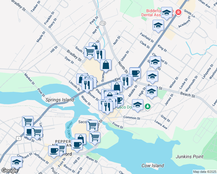 map of restaurants, bars, coffee shops, grocery stores, and more near 29 Cutts Avenue in Saco