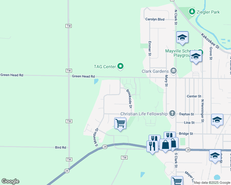 map of restaurants, bars, coffee shops, grocery stores, and more near 335 North Mountin Drive in Mayville