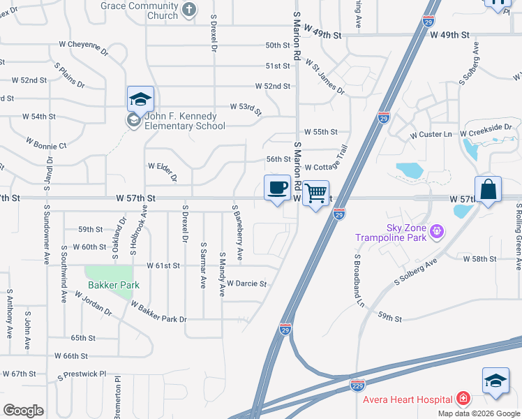 map of restaurants, bars, coffee shops, grocery stores, and more near 5409 West 57th Street in Sioux Falls