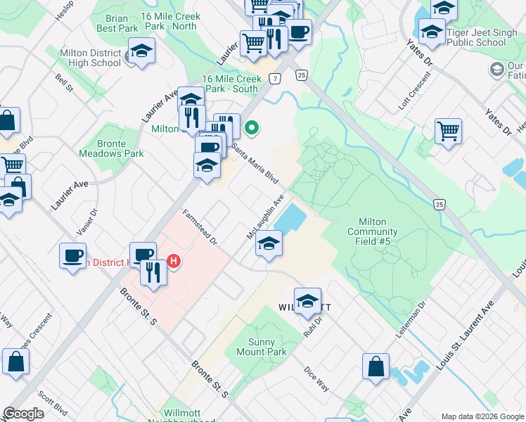 map of restaurants, bars, coffee shops, grocery stores, and more near 211 McLaughlin Avenue in Milton