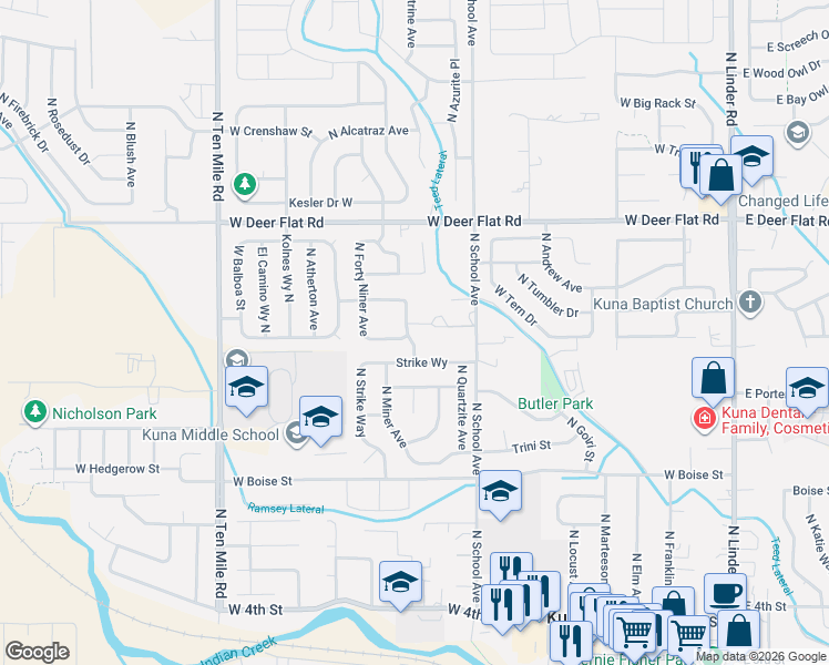 map of restaurants, bars, coffee shops, grocery stores, and more near 1049 West Pouch Street in Kuna