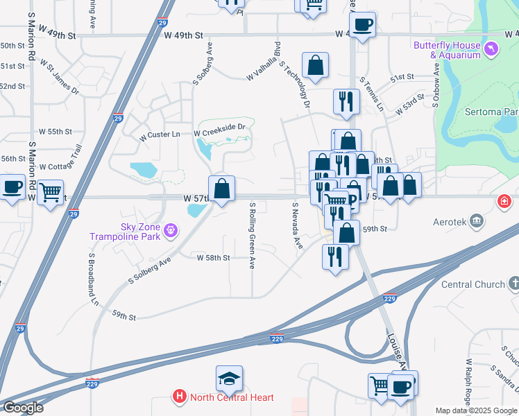 map of restaurants, bars, coffee shops, grocery stores, and more near 5000 South Rolling Green Avenue in Sioux Falls