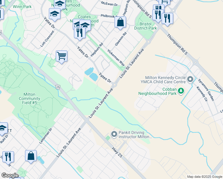map of restaurants, bars, coffee shops, grocery stores, and more near Louis Saint Laurent Avenue in Milton