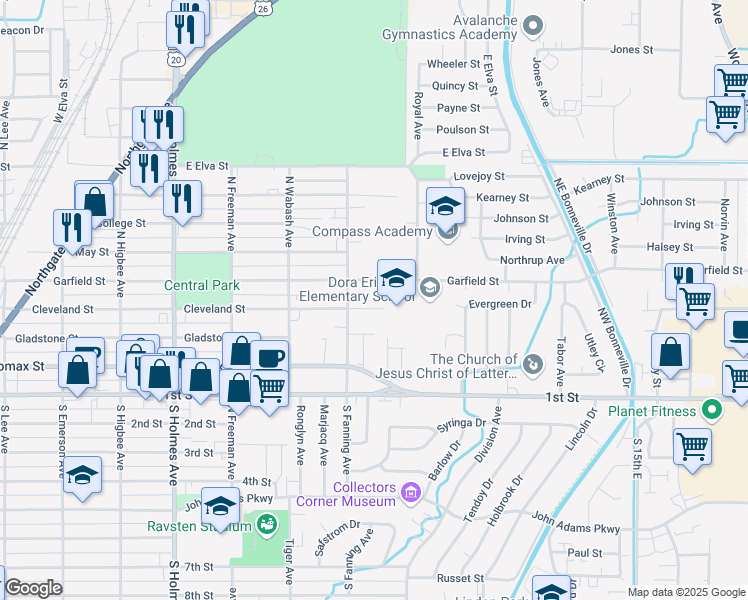 map of restaurants, bars, coffee shops, grocery stores, and more near 845 Cleveland Street in Idaho Falls