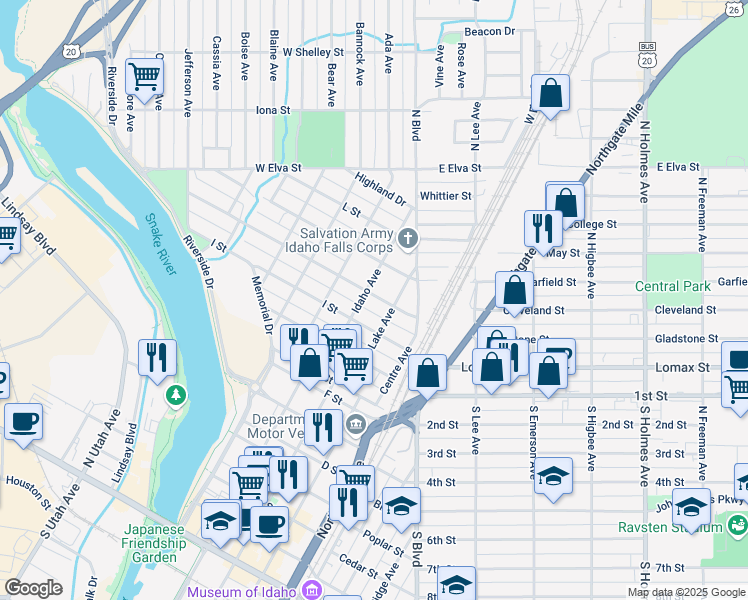 map of restaurants, bars, coffee shops, grocery stores, and more near 340 J Street in Idaho Falls