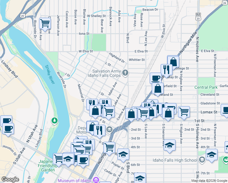 map of restaurants, bars, coffee shops, grocery stores, and more near 340 J Street in Idaho Falls
