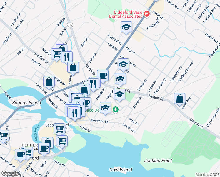 map of restaurants, bars, coffee shops, grocery stores, and more near 33 Beach Street in Saco