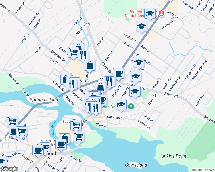 map of restaurants, bars, coffee shops, grocery stores, and more near 9 Cross Street in Saco
