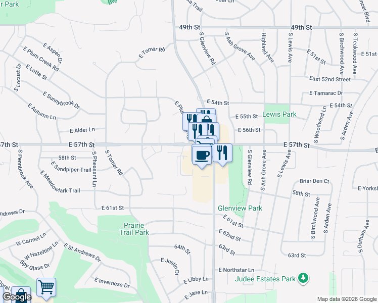 map of restaurants, bars, coffee shops, grocery stores, and more near 1231 E 57th St in Sioux Falls