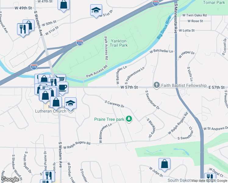 map of restaurants, bars, coffee shops, grocery stores, and more near 4800 South Caraway Circle in Sioux Falls