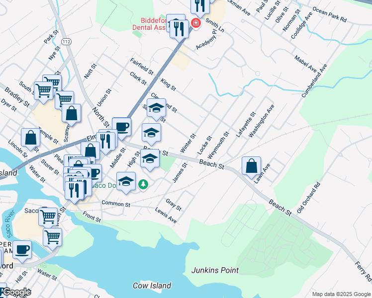 map of restaurants, bars, coffee shops, grocery stores, and more near 15 Winter Street in Saco