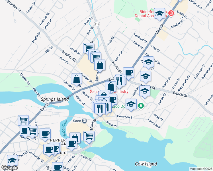 map of restaurants, bars, coffee shops, grocery stores, and more near 29 Cutts Avenue in Saco