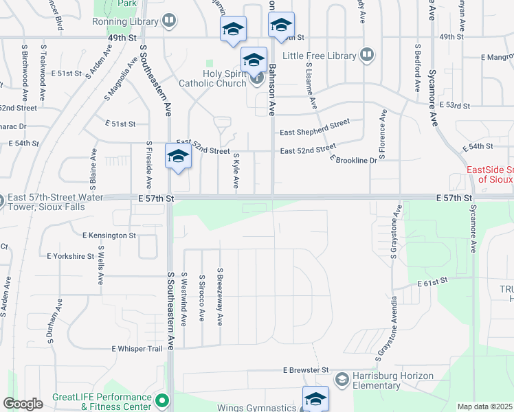 map of restaurants, bars, coffee shops, grocery stores, and more near 47627 East 57th Street in Sioux Falls