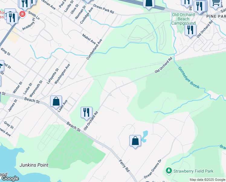 map of restaurants, bars, coffee shops, grocery stores, and more near 54 Old Orchard Road in Saco