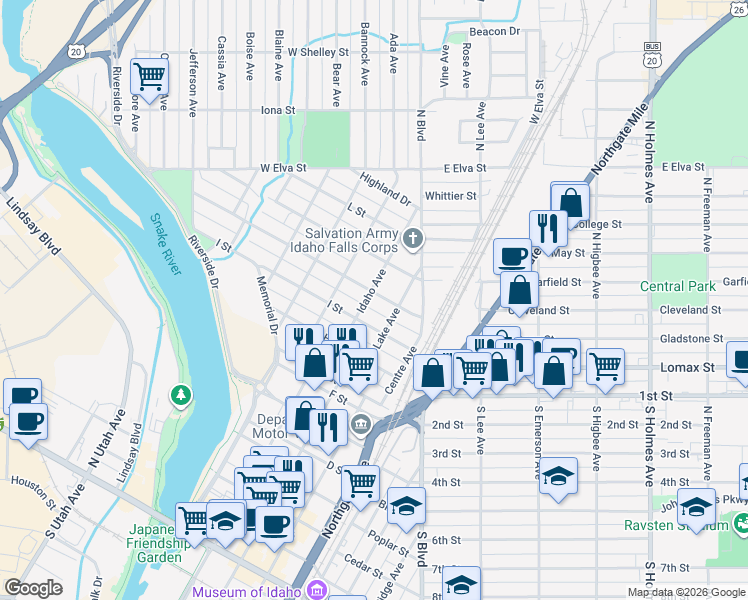 map of restaurants, bars, coffee shops, grocery stores, and more near 340 J Street in Idaho Falls