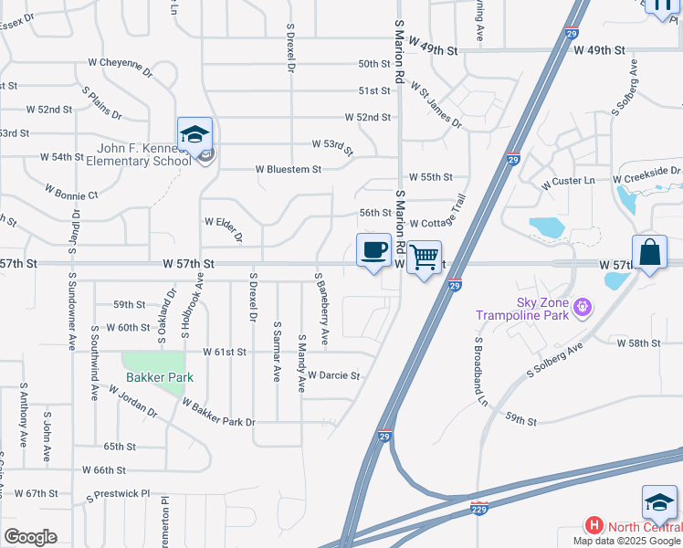 map of restaurants, bars, coffee shops, grocery stores, and more near 5409 West 57th Street in Sioux Falls