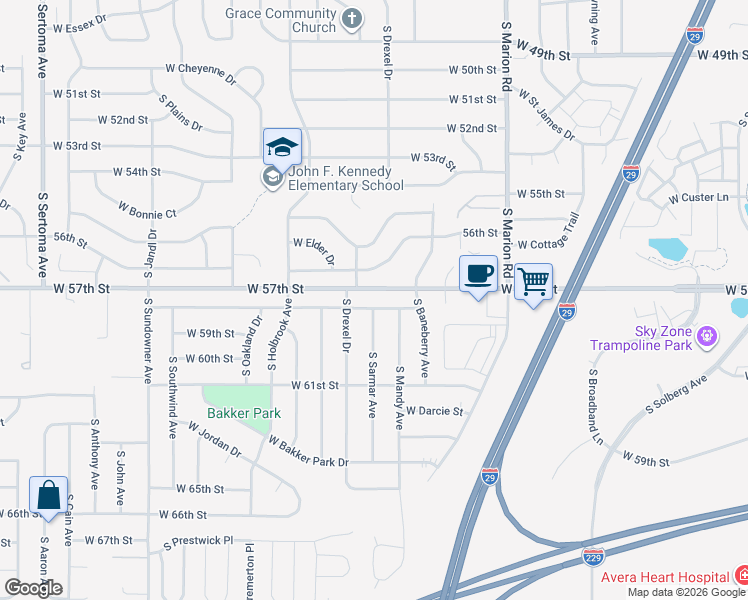 map of restaurants, bars, coffee shops, grocery stores, and more near 5706 West 58th Street in Sioux Falls