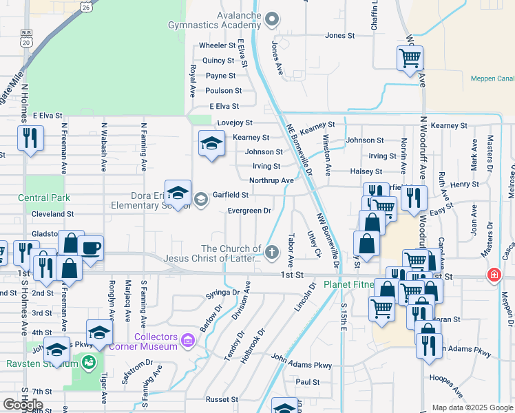 map of restaurants, bars, coffee shops, grocery stores, and more near 1105 Hemlock Street in Idaho Falls