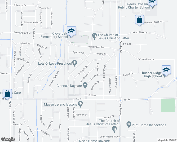 map of restaurants, bars, coffee shops, grocery stores, and more near 505 Bob-O-Link Drive in Idaho Falls