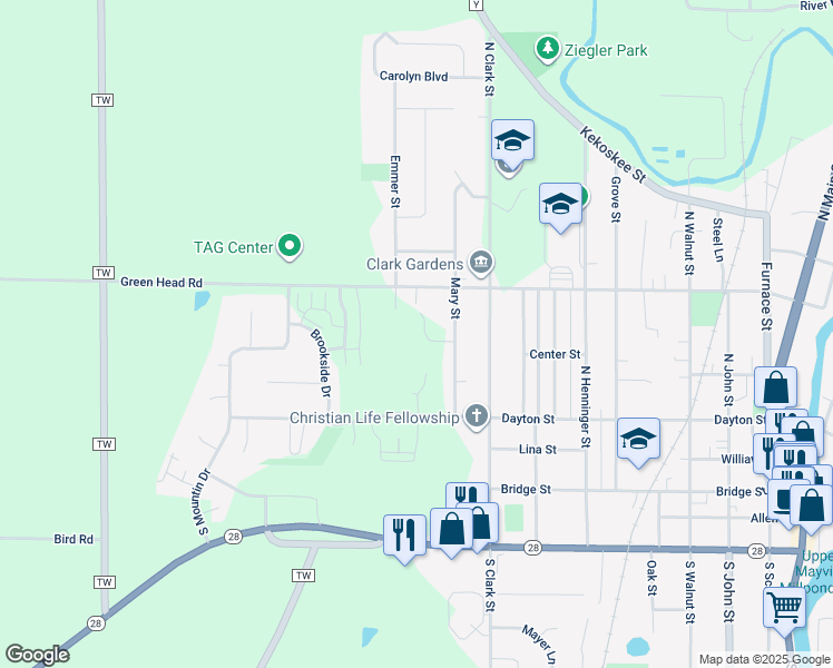 map of restaurants, bars, coffee shops, grocery stores, and more near 302 Maple Street in Mayville