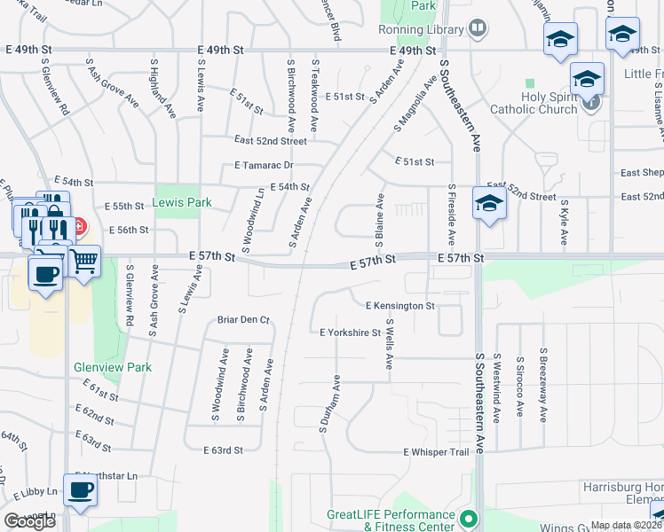 map of restaurants, bars, coffee shops, grocery stores, and more near 2472 East 57th Street in Sioux Falls