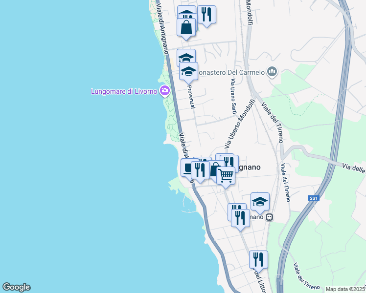 map of restaurants, bars, coffee shops, grocery stores, and more near 34 Viale di Antignano in Livorno